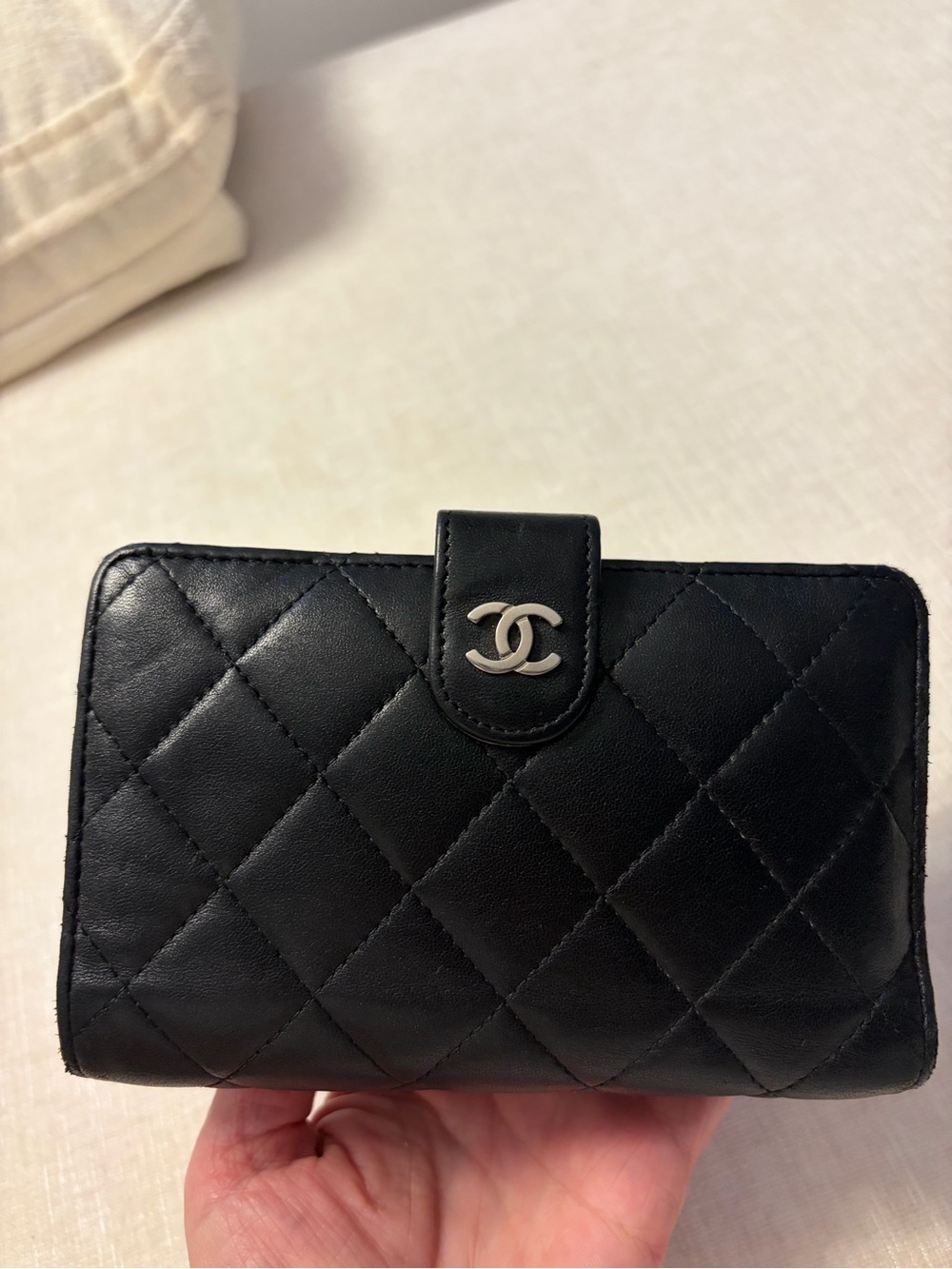 CHANEL Black Quilted Leather Snap Wallet with Silver CC Emblem